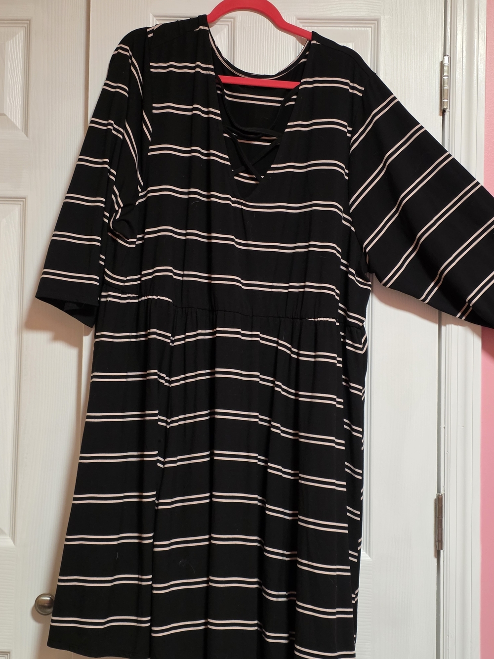 Black & Light Pink Striped V-Neck Midi Dress